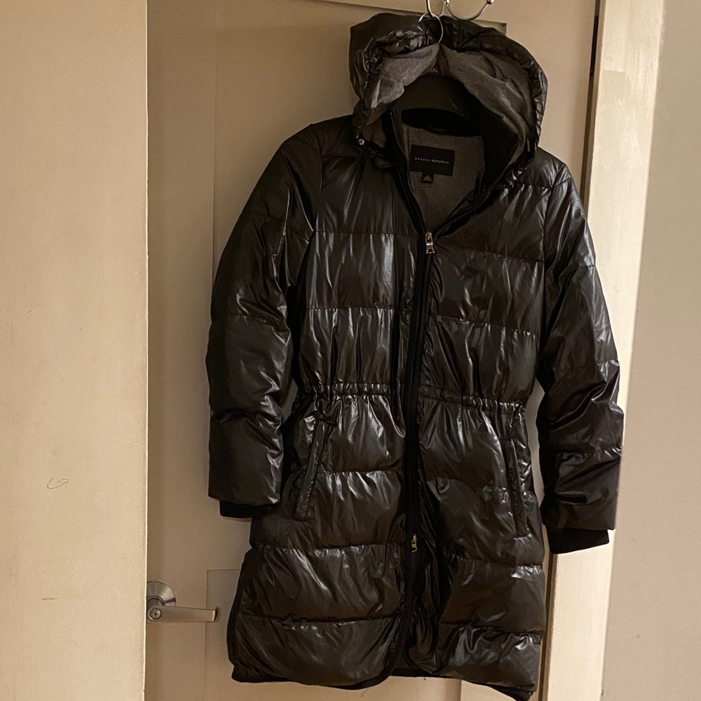 Banana Republic Shiny Black Long Quilted Puffer Coat with Hood